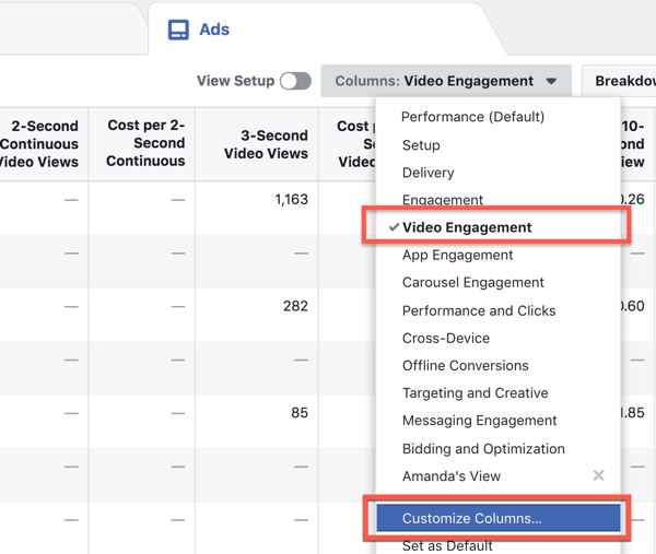 Personalize as colunas do relatório no Facebook Ads Manager.