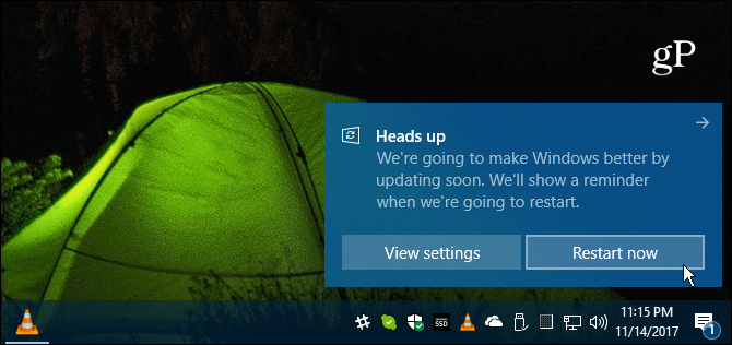 Mensagem de reinicialização do Windows 10