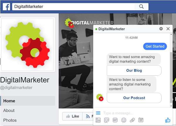 DigitalMarketer usa bots ManyChat para interagir via Facebook Messenger.