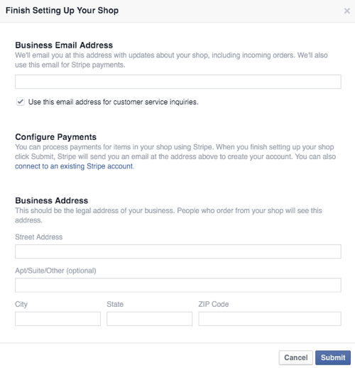 configurar o negócio da loja do Facebook e detalhes de pagamento