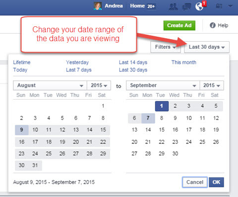 intervalo de datas do relatório do gerenciador de anúncios do Facebook