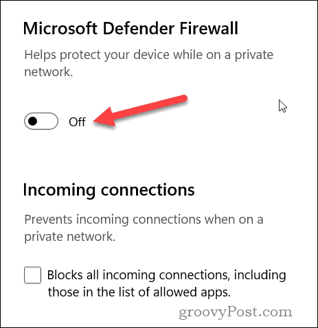 Desative o controle deslizante do firewall do Windows