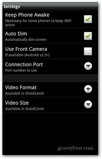 Configurações de aplicativos DroidCam para Android