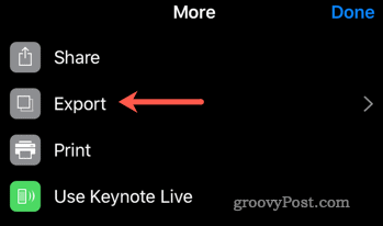 Comece o processo de exportação do Keynote para o PowerPoint no iOS