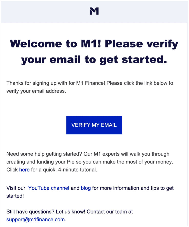 M1 Finance verificar e-mail