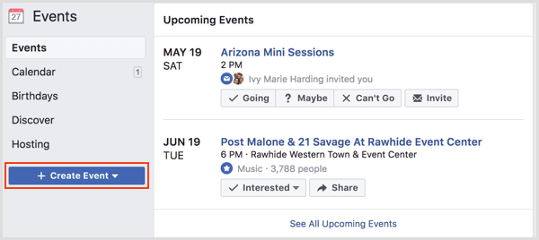 Botão Criar evento na página de eventos do Facebook