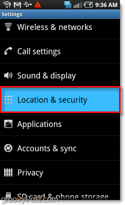 localização e menu de segurança android