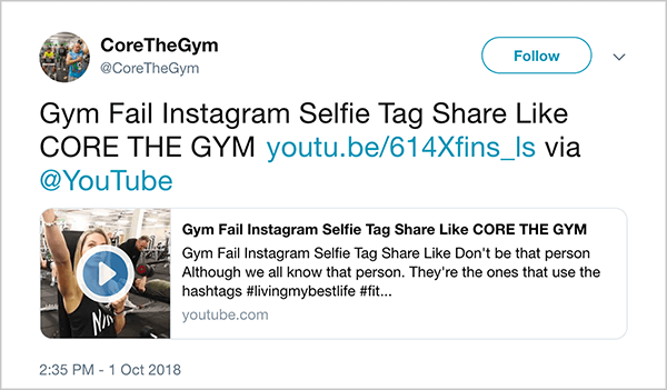 Esta é uma captura de tela de um tweet de @CoreTheGym. O tweet diz “Tag de selfie do Gym Fail INstagram Compartilhe como CORE THE GYM” e links para um vídeo do YouTube. A descrição do vídeo é “Não seja como essa pessoa. Embora todos nós conheçamos essa pessoa. São eles que usam as hashtags #livingmybestlife ”. O link para o vídeo é youtu.be/614Xfins_ls.