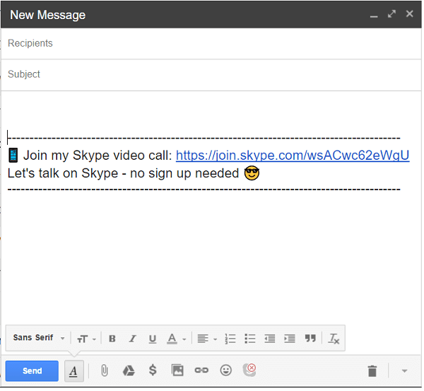 Clique no ícone do Skype na parte inferior do seu e-mail para adicionar um link de chamada.