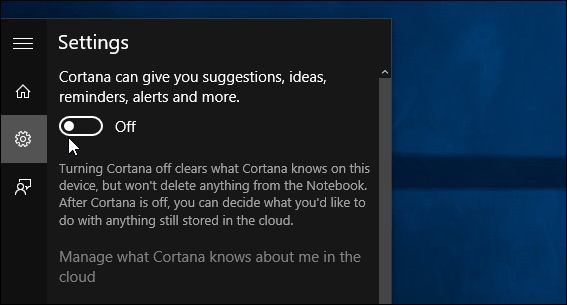 desligar todos os cartões Cortana