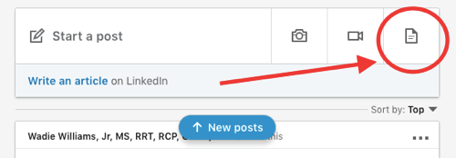Postagem de compartilhamento de documentos do LinkedIn, upload do documento para postagem orgânica etapa 1, ícone de adicionar novo documento