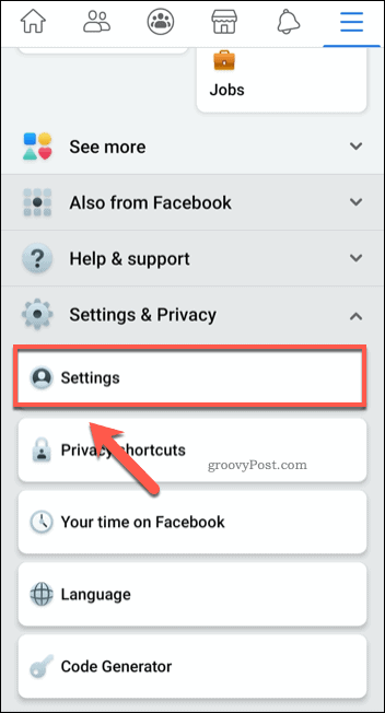 Opção de configurações de menu do Facebook para celular