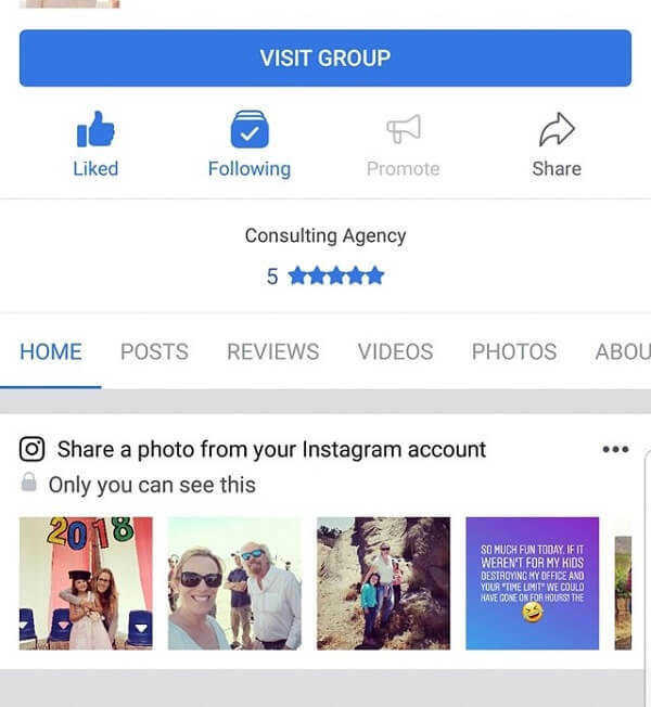 O aplicativo móvel do Facebook agora sugere fotos do Instagram para compartilhar em uma página.