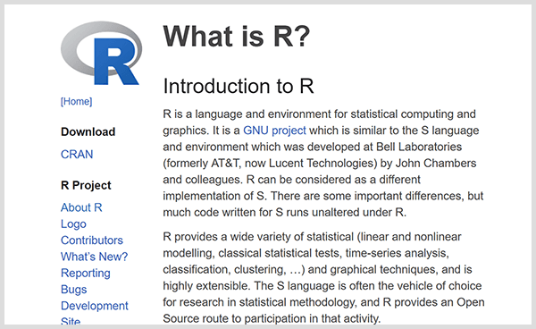 Crie suas próprias ferramentas de análise preditiva com a linguagem de programação R. Captura de tela da página de introdução do R. 