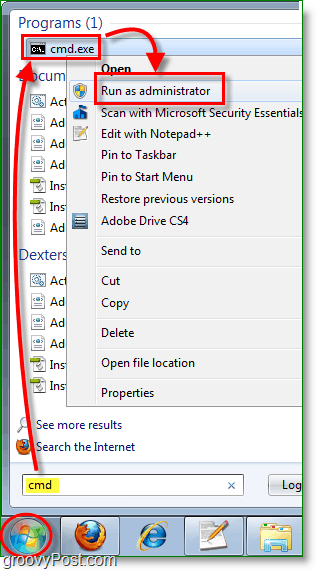 Captura de tela do Windows 7 -run cmd como administrador