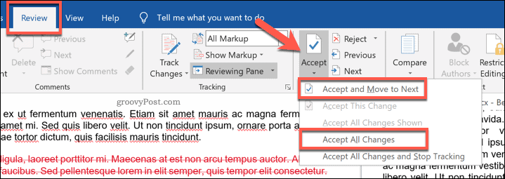 Aceitar alterações em um documento do Word comparado