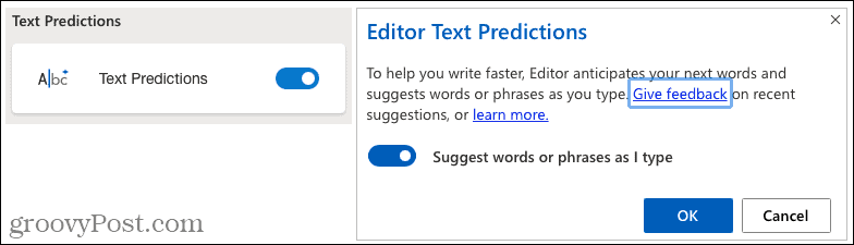 Previsões de texto do Microsoft Editor