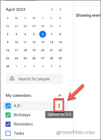 Captura de tela do ícone de três pontos do Google Agenda
