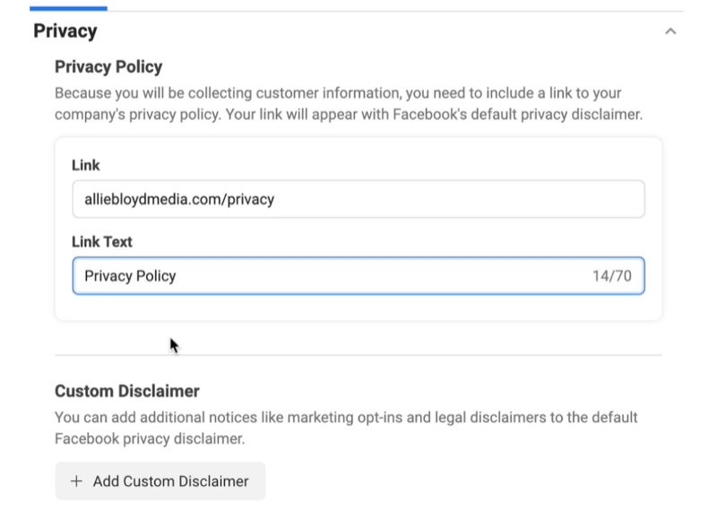 os anúncios de leads do Facebook criam uma nova opção de formulário de lead para vincular a uma política de privacidade e um aviso de isenção de responsabilidade personalizado