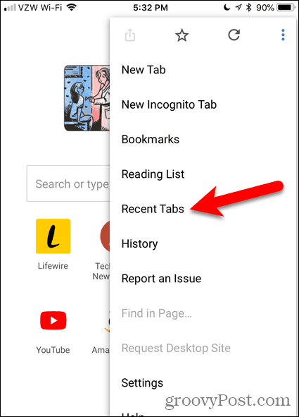 Toque em Guias recentes no Chrome para iOS