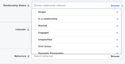 subconjuntos demográficos de relacionamento do Facebook