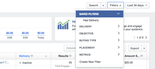dados de filtro do gerenciador de anúncios do Facebook