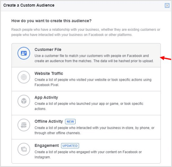 Crie uma audiência personalizada no Facebook com base em sua lista de e-mail.