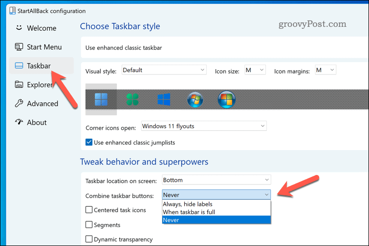 Desagrupar itens da barra de tarefas do Windows 11 usando StartAllBack