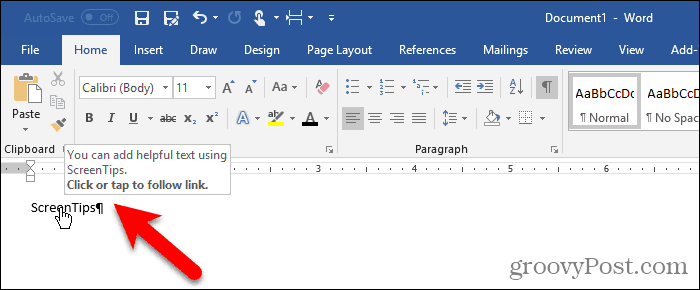 Marcador oculto e sem Ctrl + Clique na dica de tela no Word