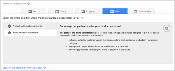 Tipo de campanha de reconhecimento e alcance da marca no Google AdWords.
