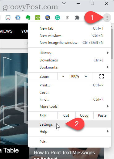 Selecione Configurações no menu do Chrome