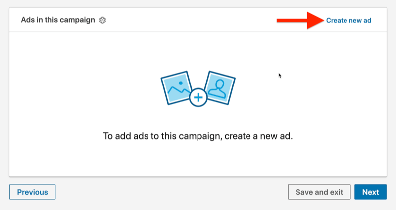 exemplo de nível de anúncio de campanha de anúncios do LinkedIn com a opção de criar novo anúncio destacada