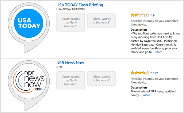 As listagens de briefing em flash do Alexa têm um balão de fala cinza com um logotipo redondo do produtor, como USA TODAY ou NPR. As listas também incluem uma classificação com estrelas e uma descrição.