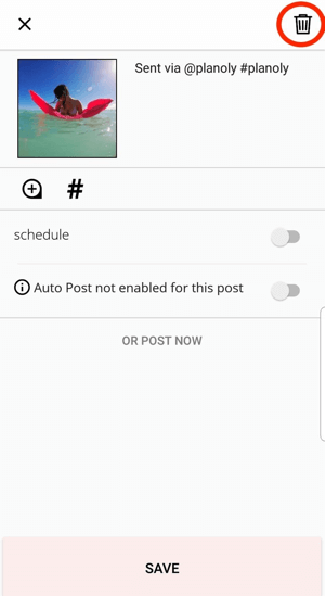 Toque no ícone da lixeira para excluir uma postagem da sua conta Planoly.