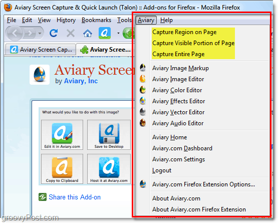 A talon adiciona um menu ao seu navegador para tirar capturas de tela rapidamente e abrir outros aplicativos da Web do aviary suite
