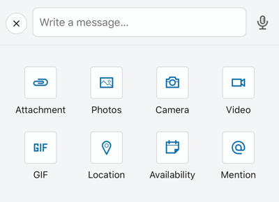 Opções de postagem do aplicativo móvel do LinkedIn, incluindo anexo e GIF