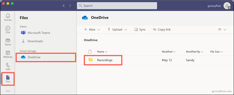 Arquivos, OneDrive, gravações em equipes