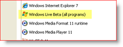 Painel de controle, Windows XP, Aplicativos instalados, Windows Live Beta (todos os programas)