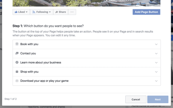 Etapa 1 para criar o botão de call to action da página de negócios do Facebook.