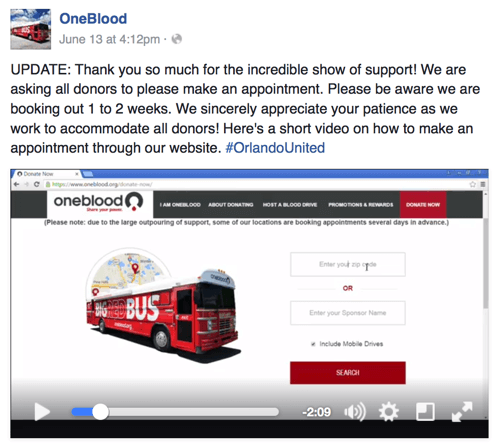 vídeo do facebook oneblood