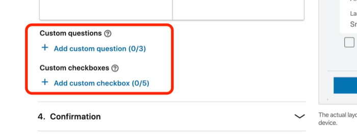 captura de tela dos campos de perguntas personalizadas e caixas de seleção personalizadas para o formulário de geração de leads na configuração de anúncios do LinkedIn