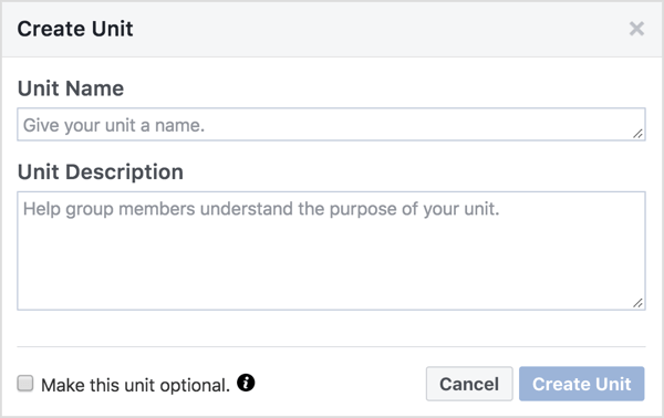 Dê um nome e uma descrição à unidade de grupo do Facebook. 
