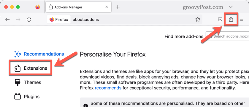 Abra as extensões do Firefox