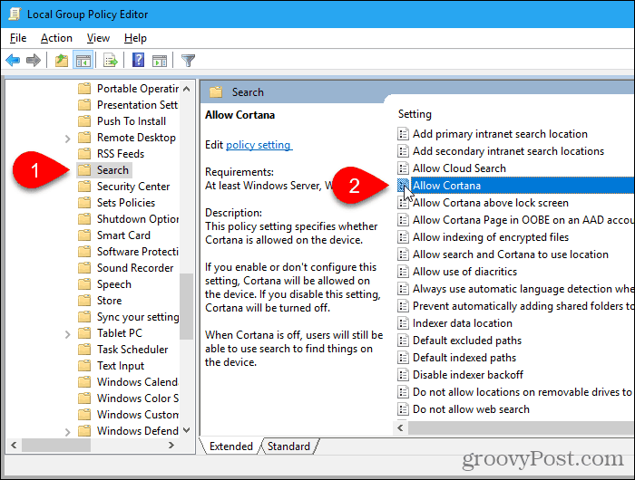 Clique duas vezes na configuração AllowCortana no Editor de Diretiva de Grupo Local