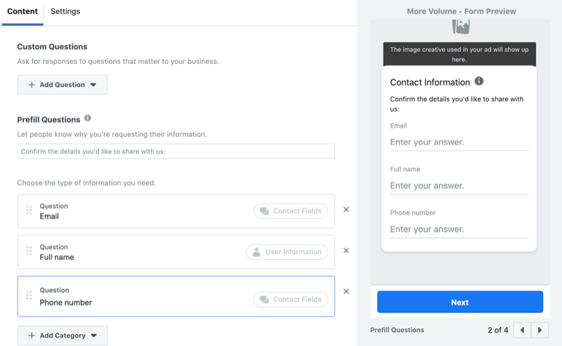 adicionar perguntas personalizadas ao formulário de geração de leads do Facebook