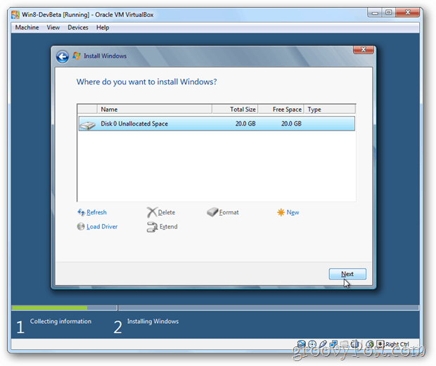 VirtualBox Windows 8 escolhe o disco para instalação