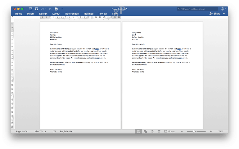 Microsoft Word para Mac Mail Merge - pré-visualização