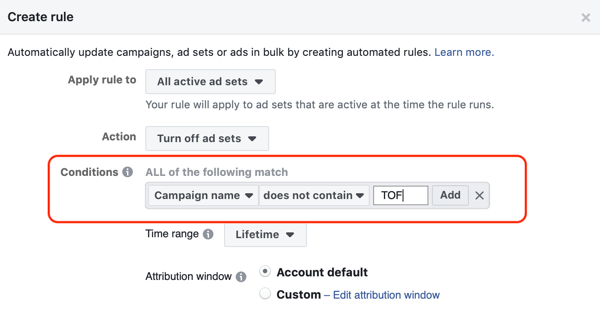 Use as regras automatizadas do Facebook, interrompa a definição de anúncios quando o ROAS estiver abaixo do mínimo, etapa 2, defina as condições