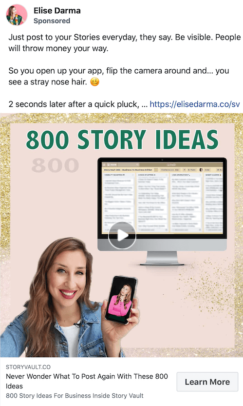 screenshot exemplo de uma postagem patrocinada por elise darma promovendo 800 idéias para histórias