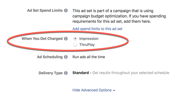 Encargos de otimização do Facebook ThruPlay.